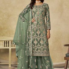 Light Green Net Embroidered Designer Palazzo Suit