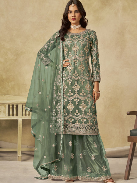 Light Green Net Embroidered Designer Palazzo Suit