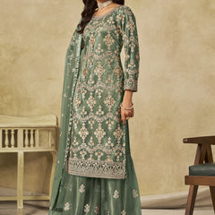 Light Green Net Embroidered Designer Palazzo Suit
