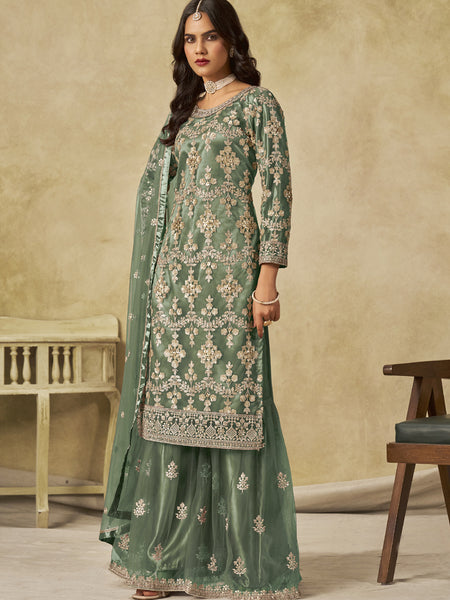 Light Green Net Embroidered Designer Palazzo Suit
