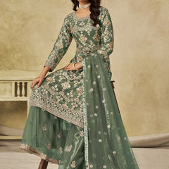 Light Green Net Embroidered Designer Palazzo Suit