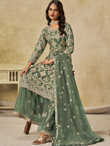 Light Green Net Embroidered Designer Palazzo Suit