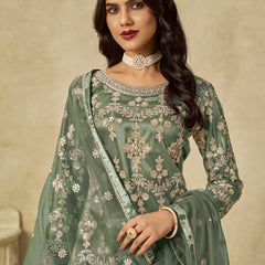Light Green Net Embroidered Designer Palazzo Suit