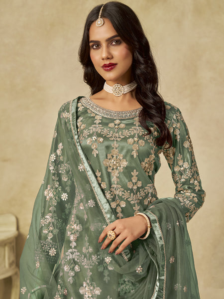 Light Green Net Embroidered Designer Palazzo Suit
