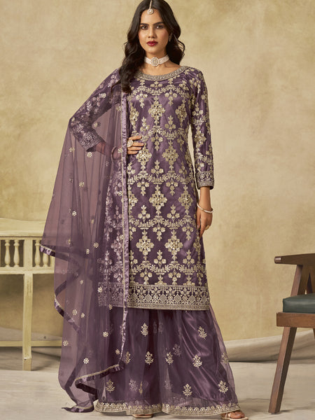 Lavender Net Embroidered Designer Palazzo Suit
