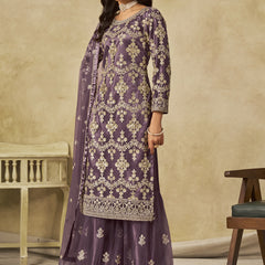Lavender Net Embroidered Designer Palazzo Suit