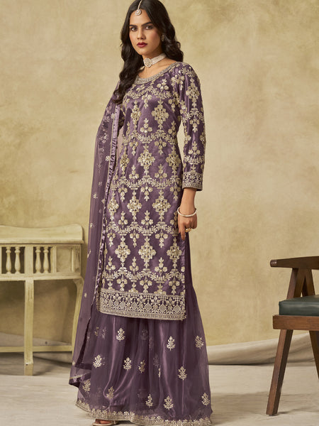 Lavender Net Embroidered Designer Palazzo Suit