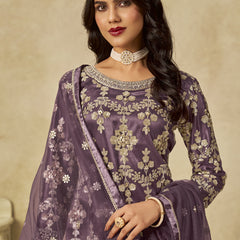 Lavender Net Embroidered Designer Palazzo Suit