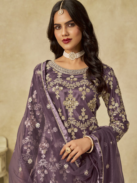 Lavender Net Embroidered Designer Palazzo Suit