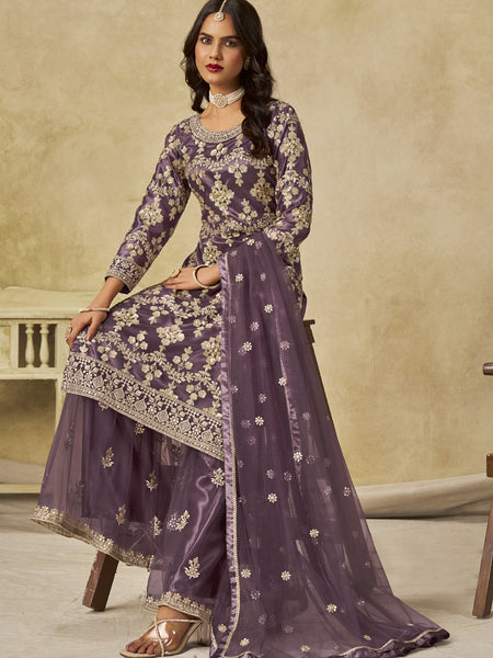Lavender Net Embroidered Designer Palazzo Suit