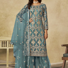 Sky Blue Net Embroidered Designer Palazzo Suit