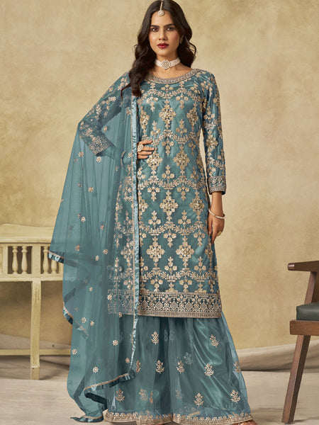 Sky Blue Net Embroidered Designer Palazzo Suit
