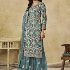 Sky Blue Net Embroidered Designer Palazzo Suit