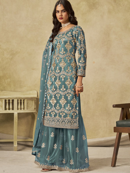 Sky Blue Net Embroidered Designer Palazzo Suit