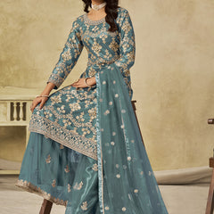 Sky Blue Net Embroidered Designer Palazzo Suit
