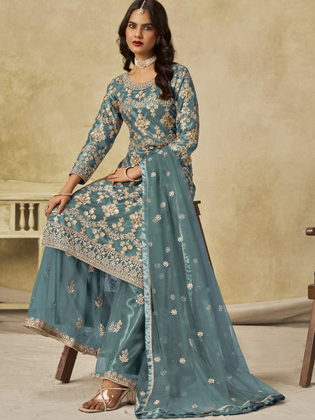 Sky Blue Net Embroidered Designer Palazzo Suit
