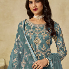 Sky Blue Net Embroidered Designer Palazzo Suit