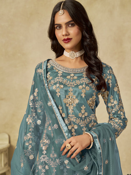 Sky Blue Net Embroidered Designer Palazzo Suit