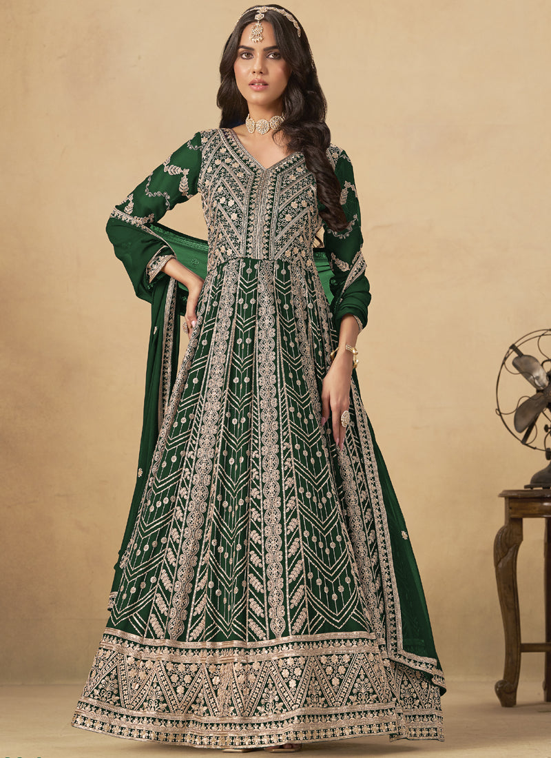Green Georgette Embroidered Anarkali Suit