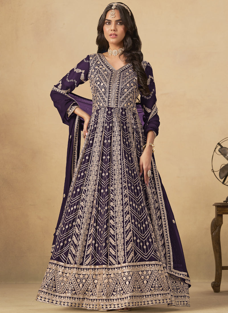 Wine Georgette Embroidered Anarkali Suit