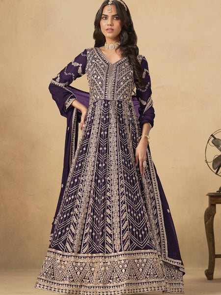 Wine Georgette Embroidered Anarkali Suit