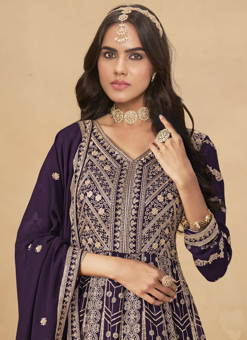Wine Georgette Embroidered Anarkali Suit