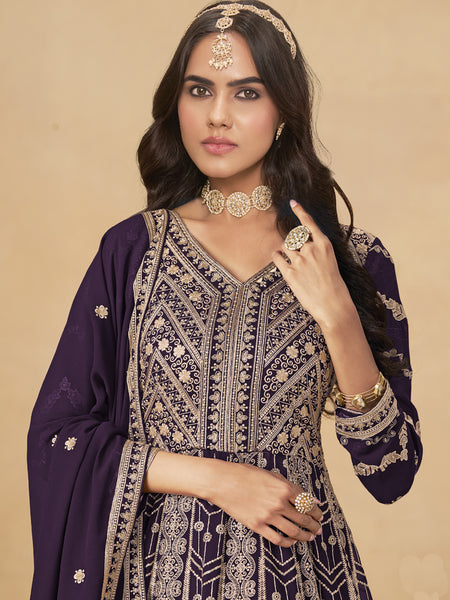 Wine Georgette Embroidered Anarkali Suit