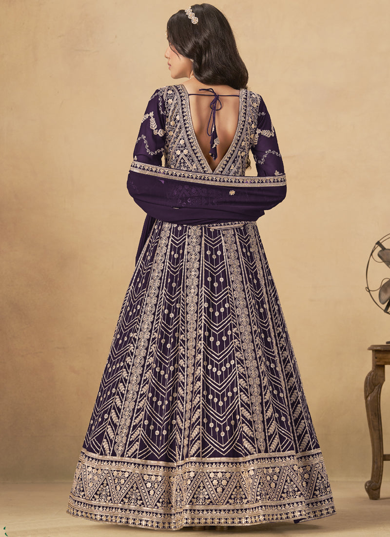 Wine Georgette Embroidered Anarkali Suit