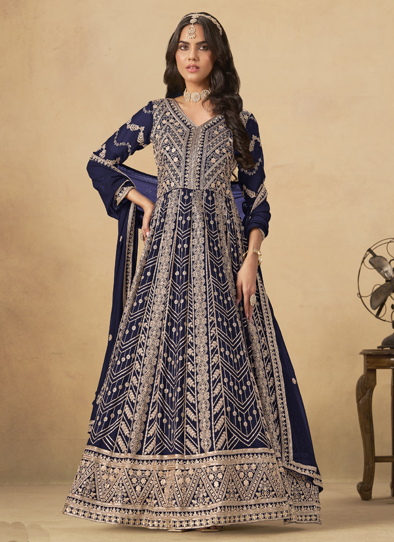 Navy Blue Georgette Embroidered Anarkali Suit
