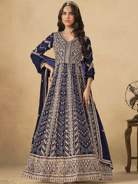 Navy Blue Georgette Embroidered Anarkali Suit