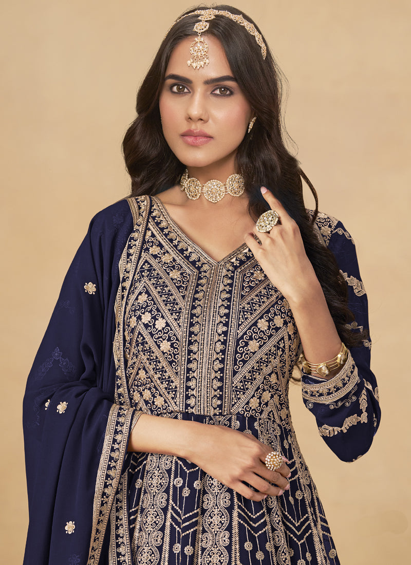 Navy Blue Georgette Embroidered Anarkali Suit
