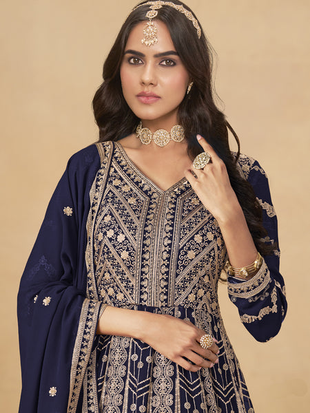 Navy Blue Georgette Embroidered Anarkali Suit