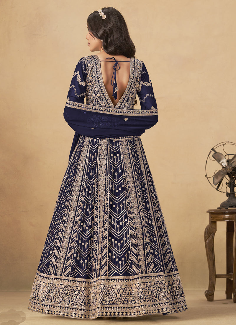 Navy Blue Georgette Embroidered Anarkali Suit