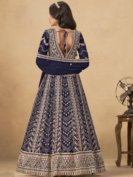 Navy Blue Georgette Embroidered Anarkali Suit