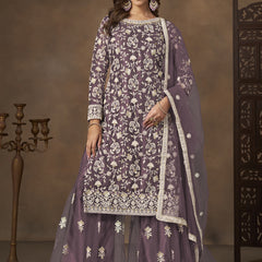 Lavender Net Embroidered Designer Palazzo Suit