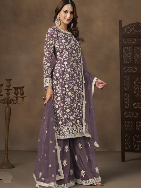Lavender Net Embroidered Designer Palazzo Suit