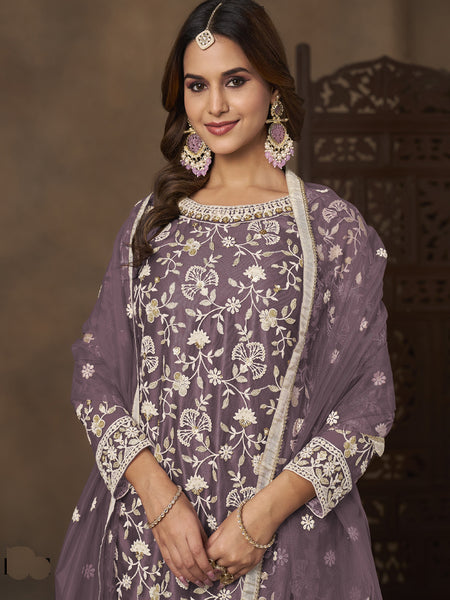Lavender Net Embroidered Designer Palazzo Suit