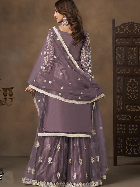 Lavender Net Embroidered Designer Palazzo Suit