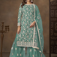 Sea Green Net Embroidered Designer Palazzo Suit