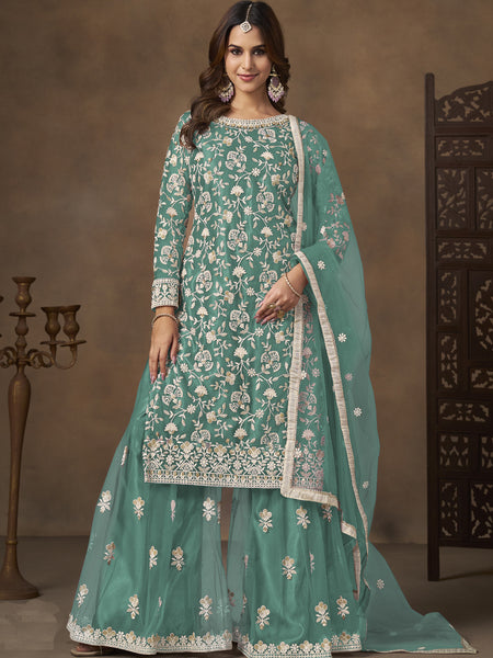 Sea Green Net Embroidered Designer Palazzo Suit