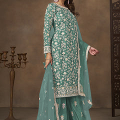 Sea Green Net Embroidered Designer Palazzo Suit