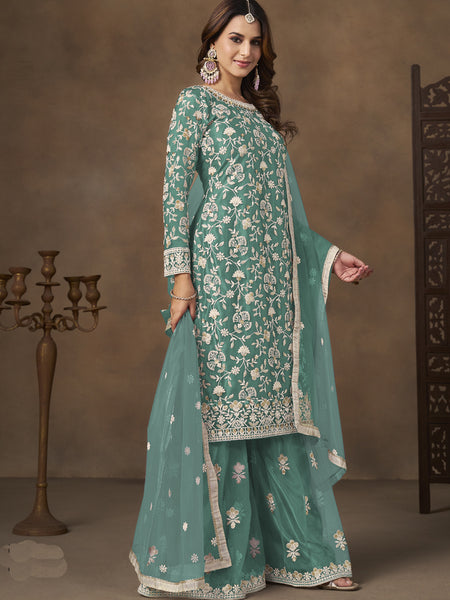 Sea Green Net Embroidered Designer Palazzo Suit