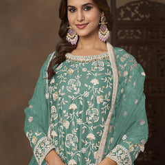 Sea Green Net Embroidered Designer Palazzo Suit