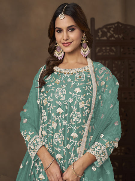 Sea Green Net Embroidered Designer Palazzo Suit