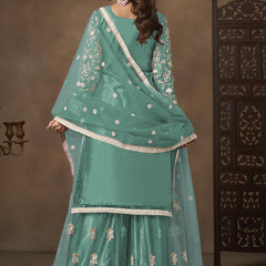 Sea Green Net Embroidered Designer Palazzo Suit