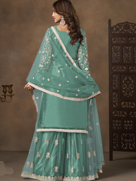 Sea Green Net Embroidered Designer Palazzo Suit