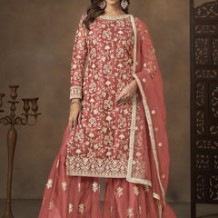 Dark Peach Net Embroidered Designer Palazzo Suit