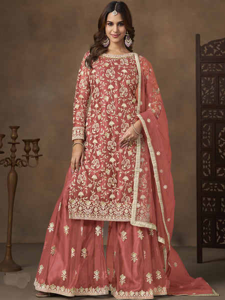 Dark Peach Net Embroidered Designer Palazzo Suit