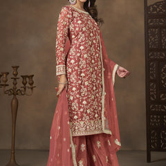 Dark Peach Net Embroidered Designer Palazzo Suit