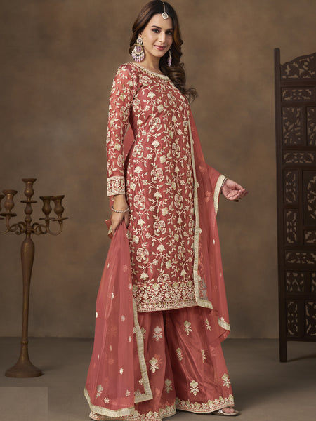 Dark Peach Net Embroidered Designer Palazzo Suit